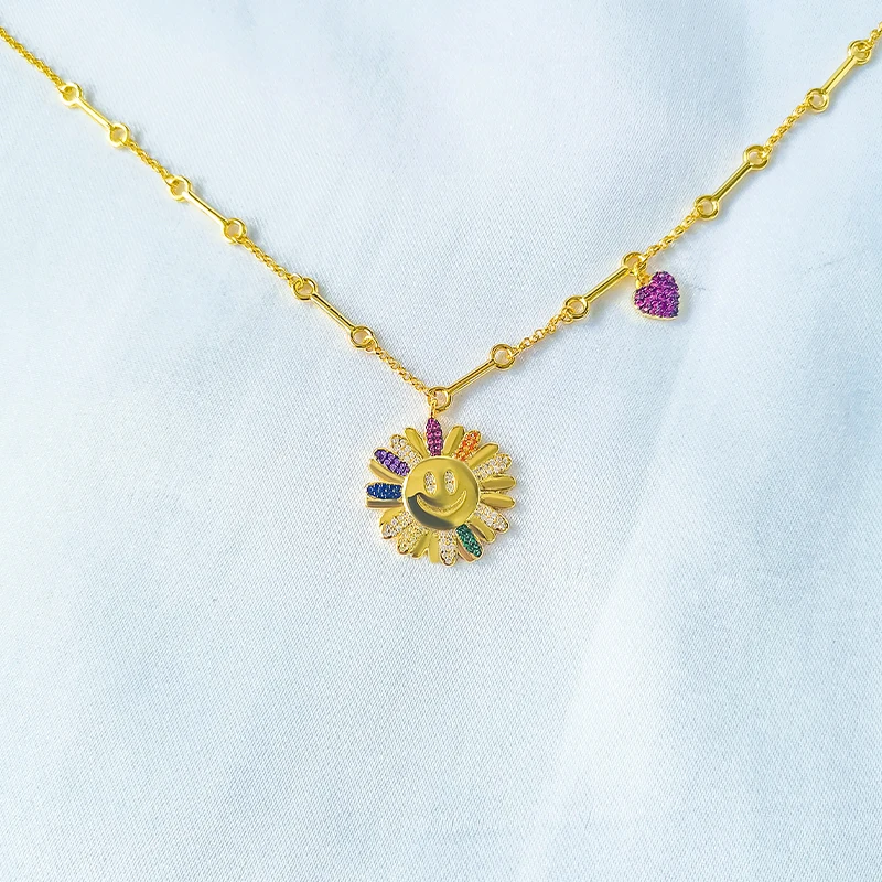 

S925 Sterling Silver Sun Flower Rainbow Daisy Necklace Female June New Summer Small Fresh Fashion Luxury Brand Monaco Jewelry