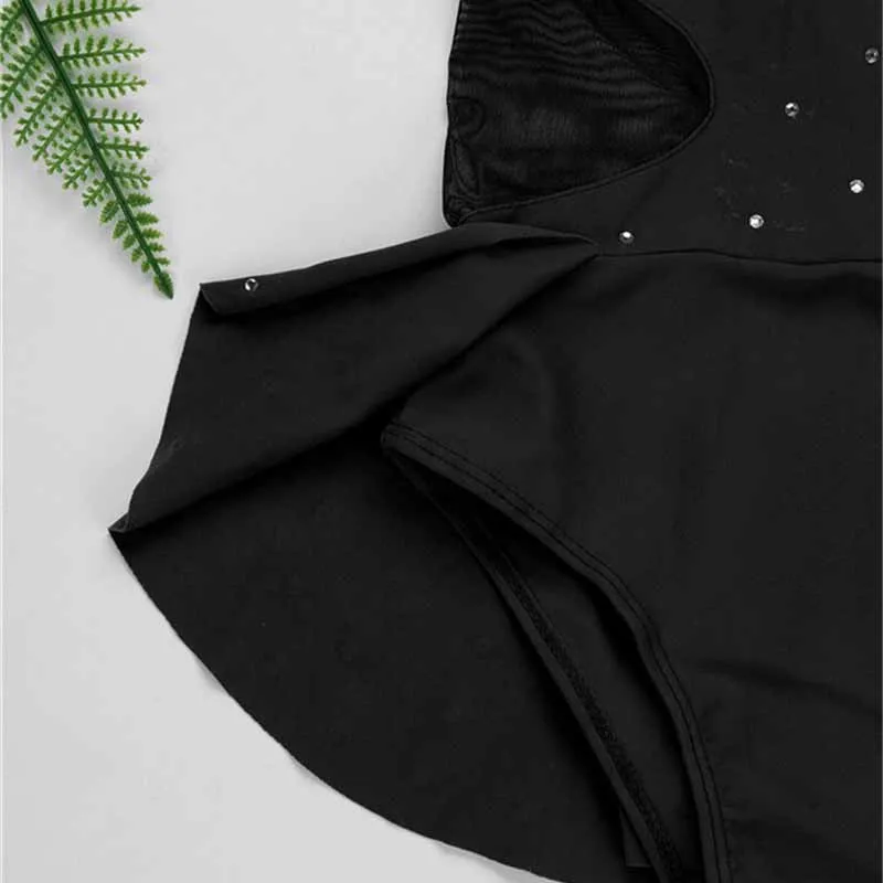 Kid Girls Sleeveless Sparkly Rhinestone Cutout Back Mesh Splice Leotard Dress for Modern Contemporary Ballroom Dance Performance |