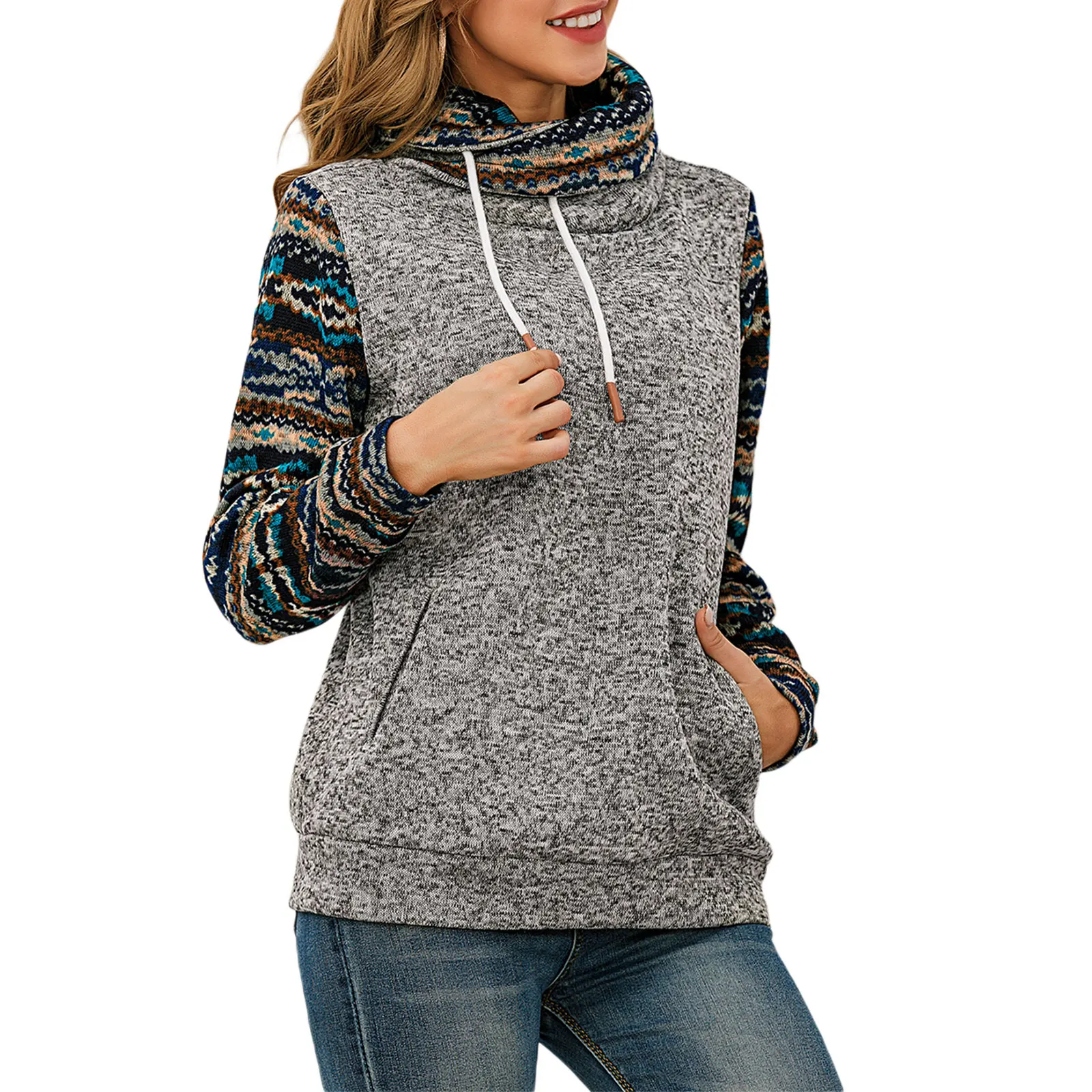 Women Retro Floral Tops High Neck Long Sleeve Lace Up Front Pocket Vintage Pullover Warm Sweatshirts