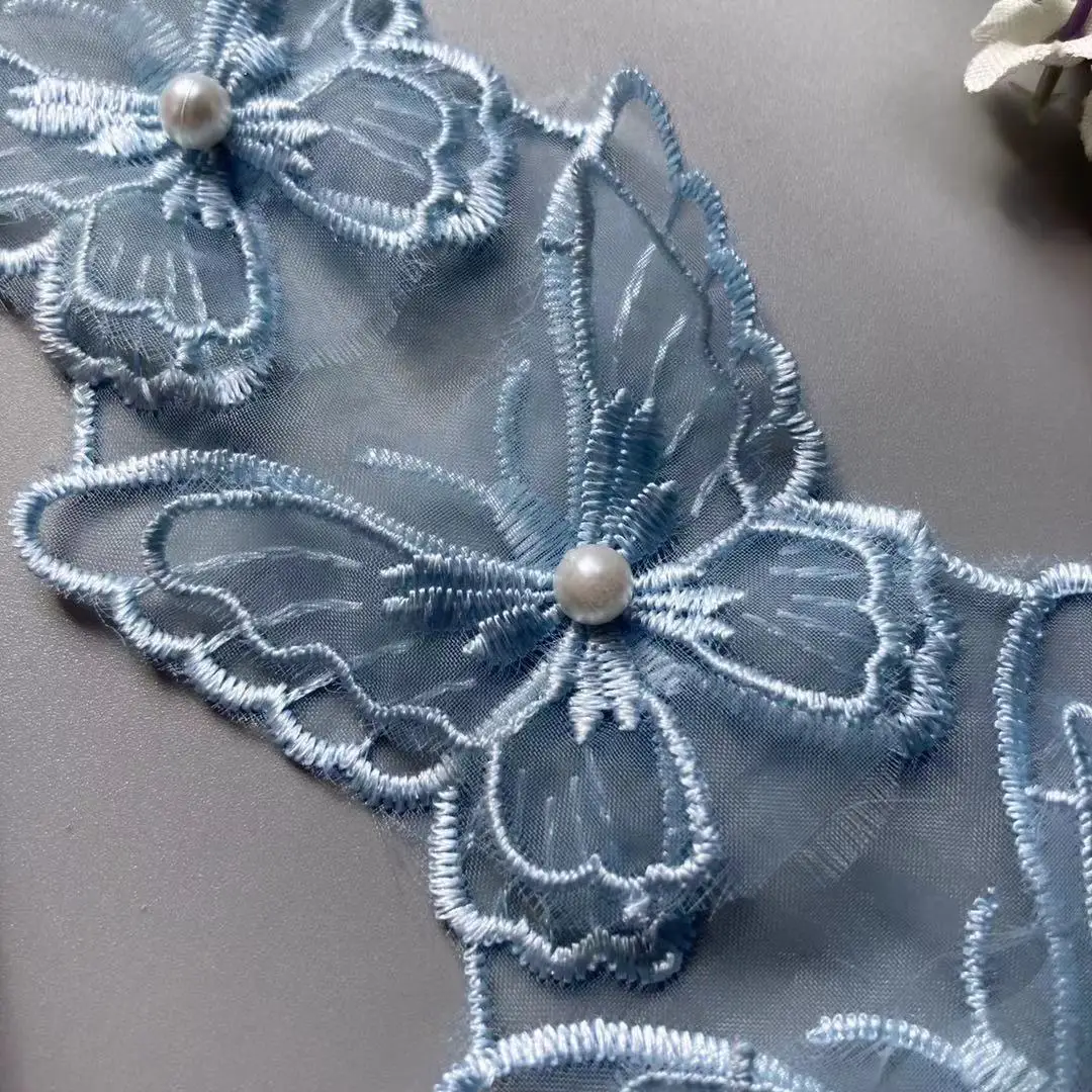 

20X синий бант 5,5 см жемчуг 3D цветок кисточка кружевная отделка Лента ткань с вышивкой аппликация шитье Рукоделие свадебное платье одежда