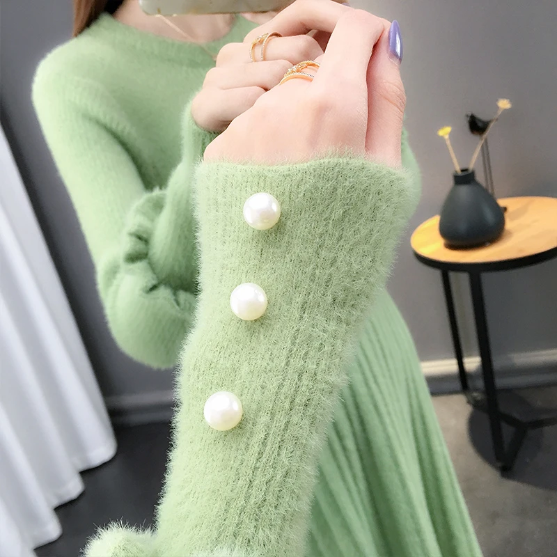 

Knitted Dress Women Spring Autumn New Korean Long Sleeve Imitation Mink Velvet Long Base Sweater Dress Fashion Ladies Dresses