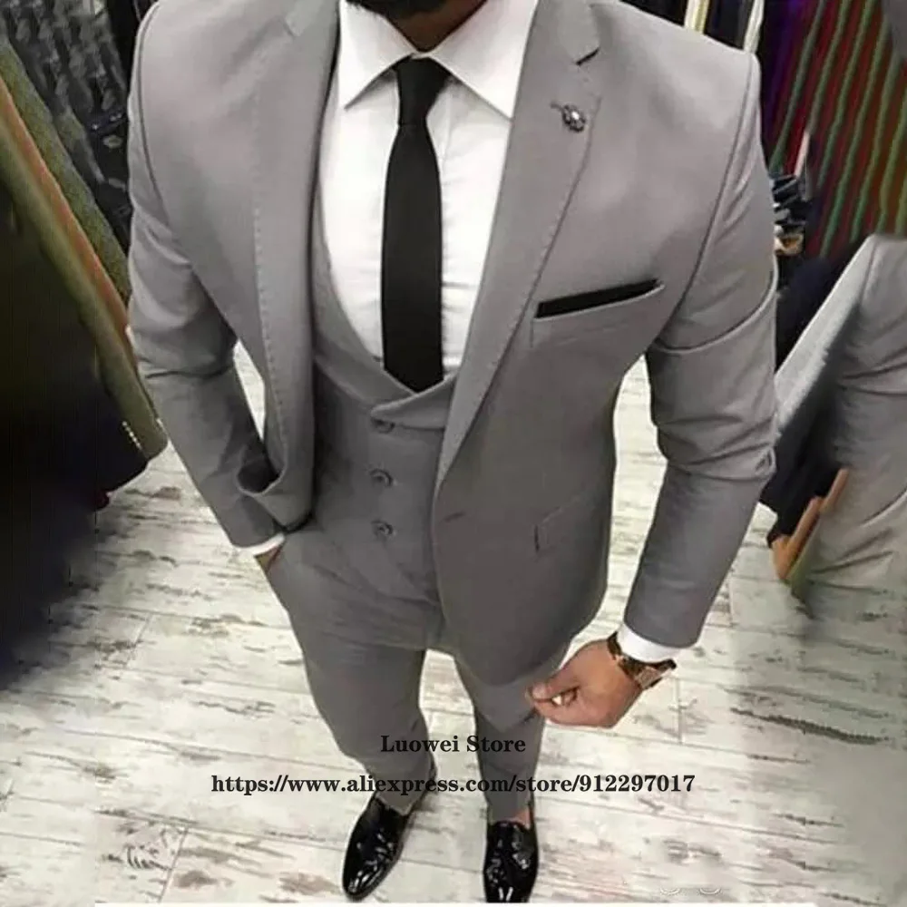 Classic Grey Slim Fit Mens Suits 3 Piece Jacket Vest Pants Set For Groom Wedding Tuxedo Formal Business Blazer Terno Masculino | Мужская