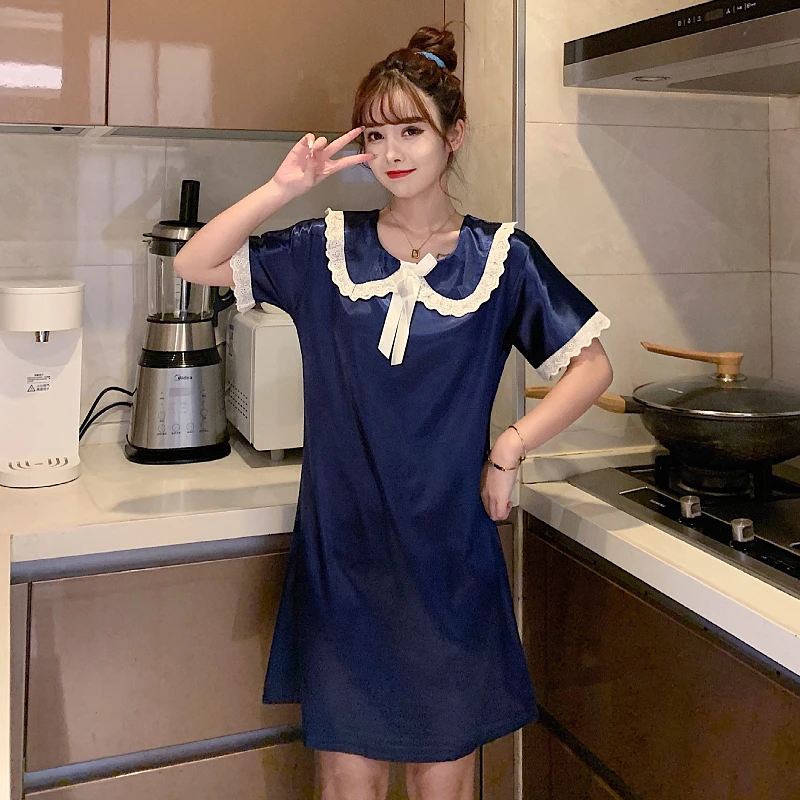 

2021 Red Print Women's Nightie Sweet Lace Baby Collar Short Sleeve Princess Nightgown Summer Cute Nighty For Ladies Sexy New