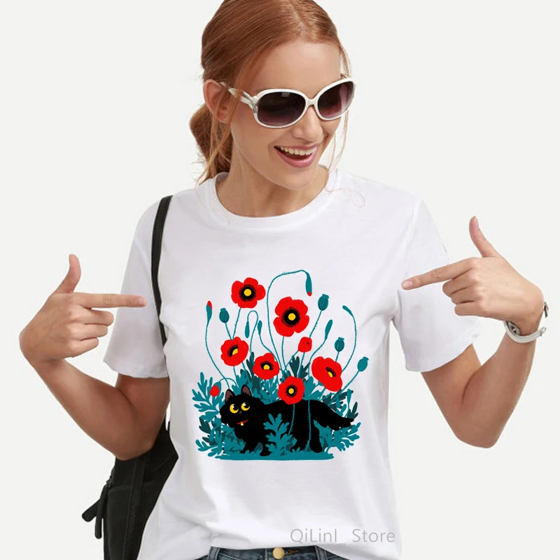 Милая футболка в стиле Харадзюку с принтом макового цветка и черного кота летние