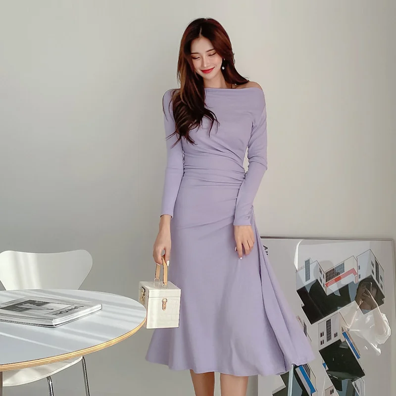

Dress 2020 autumn and winter new ladies women's fashion oblique collar side waist slim fit Office Lady Polyester