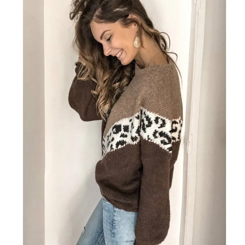 

Women Autumn Leopard Long Sleeve Knitted Sweater Jumper Overalls Knitwear Winter Outwear Tops