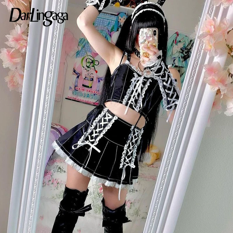 

Darlingaga Gothic Grunge Lace Patchwork High Waist Pleated Skirt Women Dark Academia Bandage Tie Up Mini Skirts Streetwear Punk