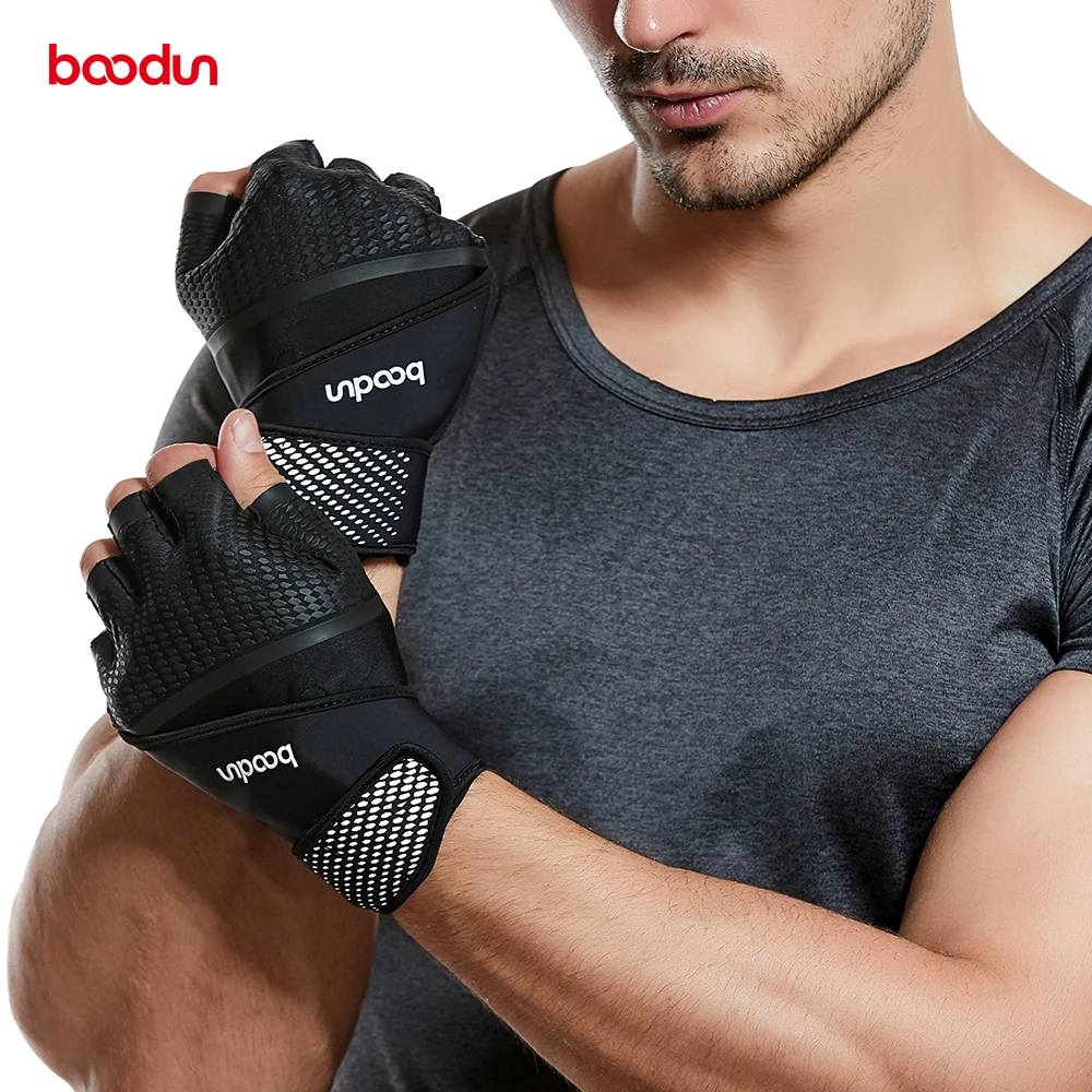 

Boodun weightlifting gloves leather Wraps With Hand Gym Fitness gel non-slip Adjustable Dynamic half Finger Wrist Brace glove