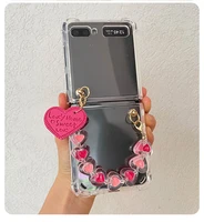 diy cute small heart hand chain bracelet case cover for samsung galaxy z flip 4g 5g 3 love pendant shockproof transparent case
