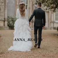 anna beauty ruffles wedding dress satin top bohomian long sleeves backless vestido de noiva robe de mariee bridal gown