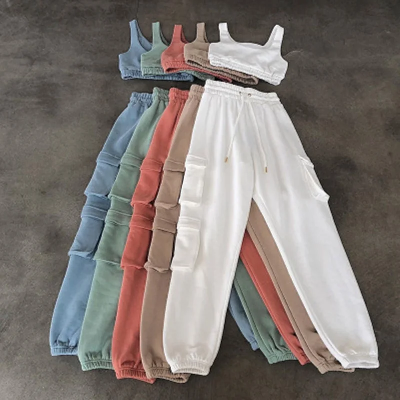 

2020 Autumn New High Waist Lace-up Small Feet Multi-Pocket Trousers Solid Color Short Vest Street Women Two-piece Suit