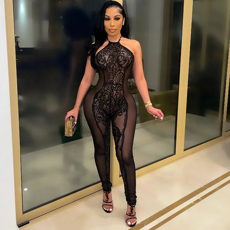 

Bodycon Sexy Jumpsuits Women Feather Crystal Rhinestone Sheer Mesh Evening Jumpsuit Elegant Party Club Rompers Womens Jumpsuit