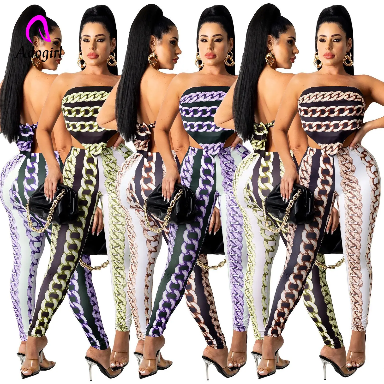  Chain Printed Women 2 Piece Set  Off Shoulder Crop Top + High Waist Leggings Matching Set 2021 Summer Sexy Club Party Outfits