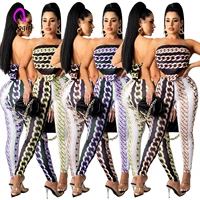chain printed women 2 piece set off shoulder crop top high waist leggings matching set 2021 summer sexy club party outfits