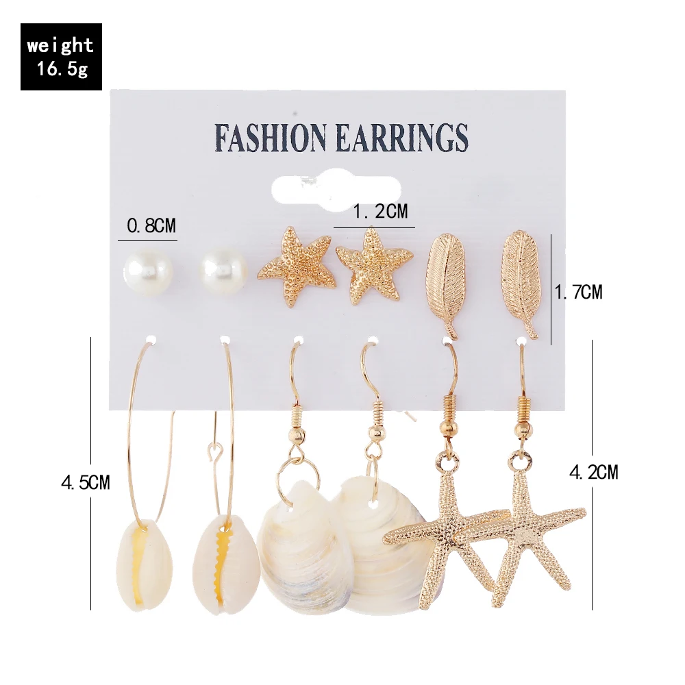 

Fashion Gold Color Geometric Earring Set For Women Starfish Shell Beach Jewelry Korean Female 6PCS/Set Stud Earrings 2019 New