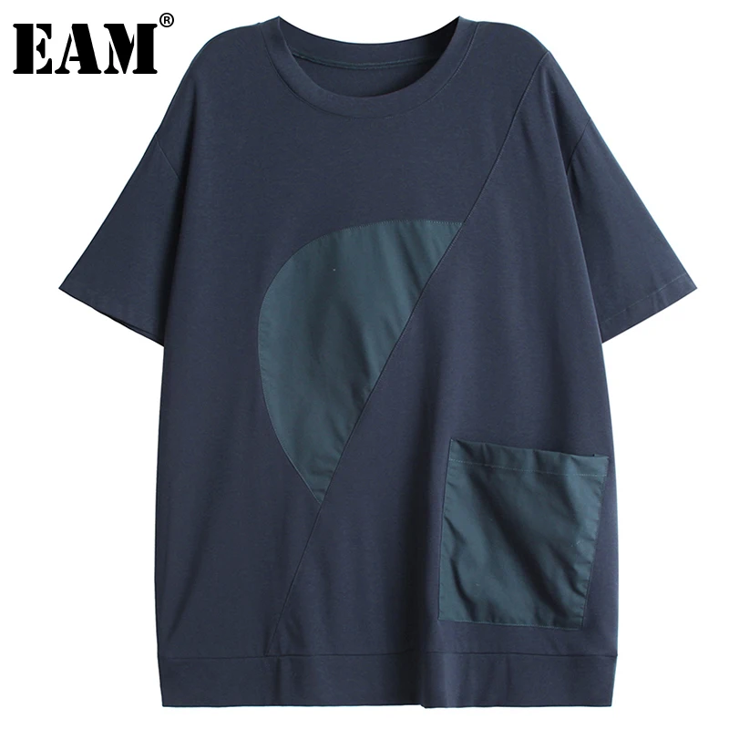 

[EAM] женская синяя Повседневная футболка с асимметричным соединением большого размера, новая модная футболка с круглым вырезом и коротким р...