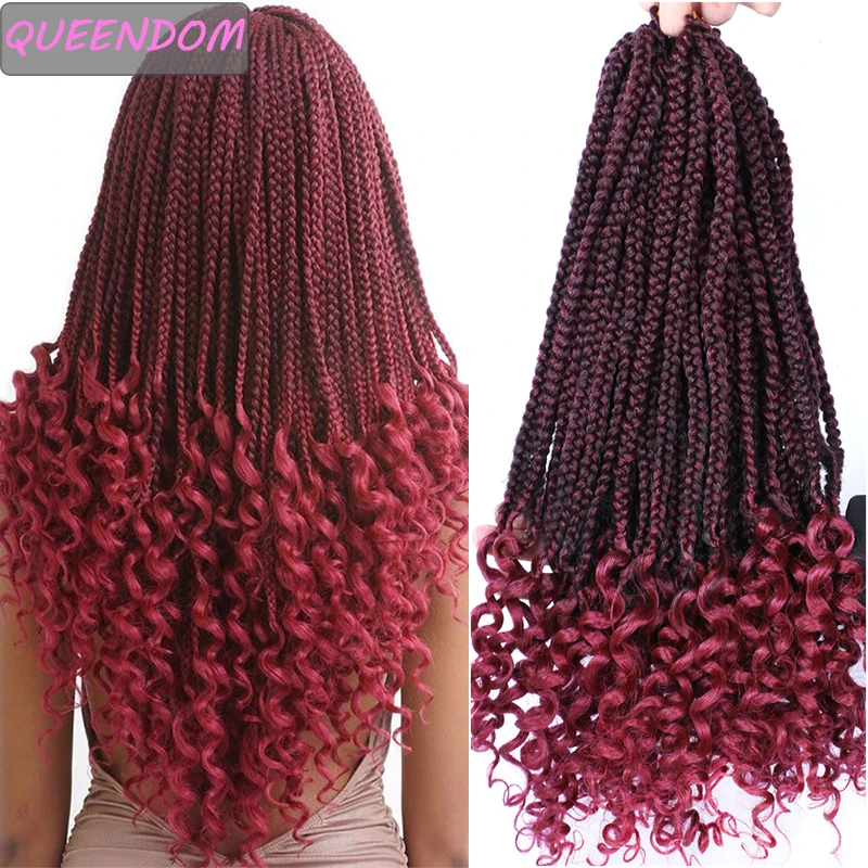 

ombre burgundy Box Braids Curly Ends Crochet Hair Wavy Synthetic Hair for Braid 18 " 22 Strands african Braiding Hair Extensions