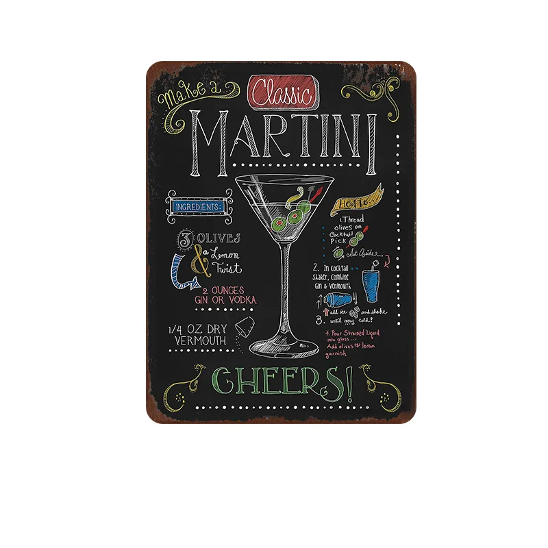 Коктейльная lounge Margarita Martini металлическая вывеска винтажная жестяная тарелка рисунок на железной поверхности в стиле ретро украшение стены для бар паб кафе