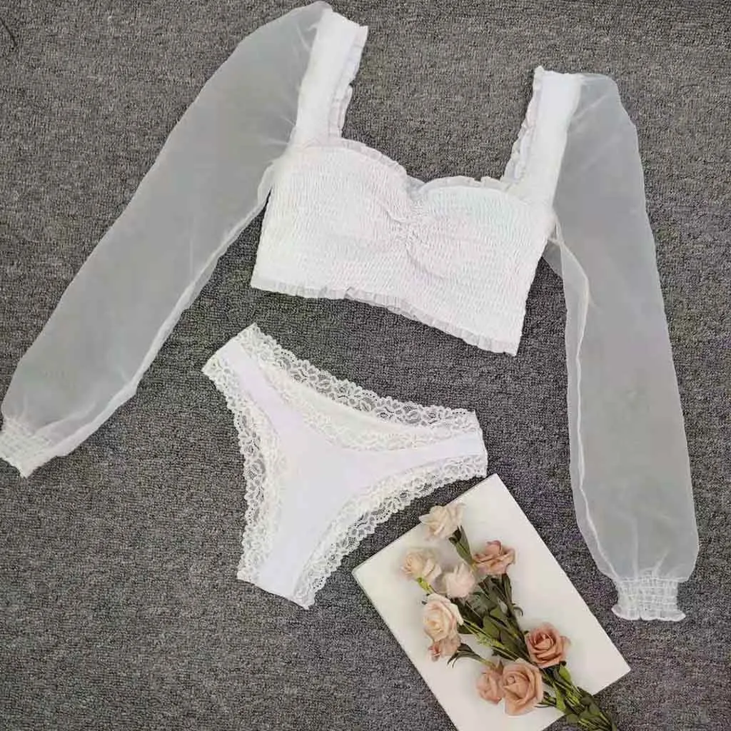 2020 Bikini White Ruffled Set Women V-neck High Waist Two Piece Swimsuit Girl Beach Bathing Suit Swimwear Biquinis#J30 | Женская одежда