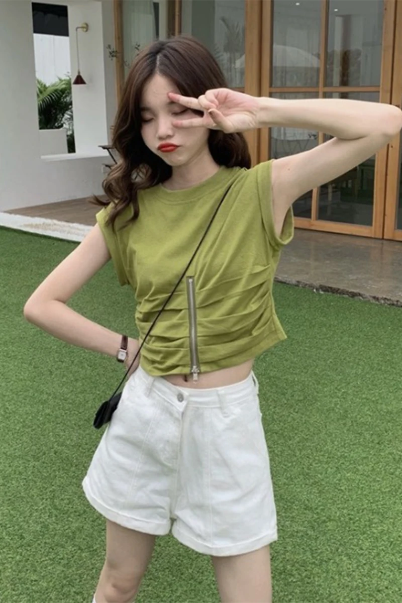 

Women's Summer Round Neck Casual T Shirt Fashionable Zipper Sleeveless Pleated Short Top Female Korean Slimming T Shirt