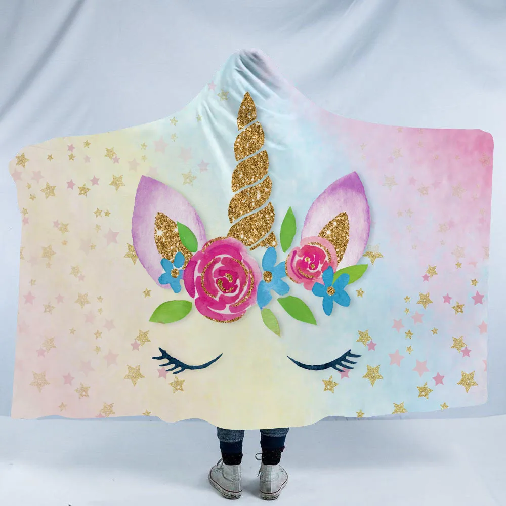 Unicorn Hooded Blanket For Adults Childs Cartoon 3D Printed Sherpa Fleece Blanket Microfiber Wearable Throw Blanket For Home Bed