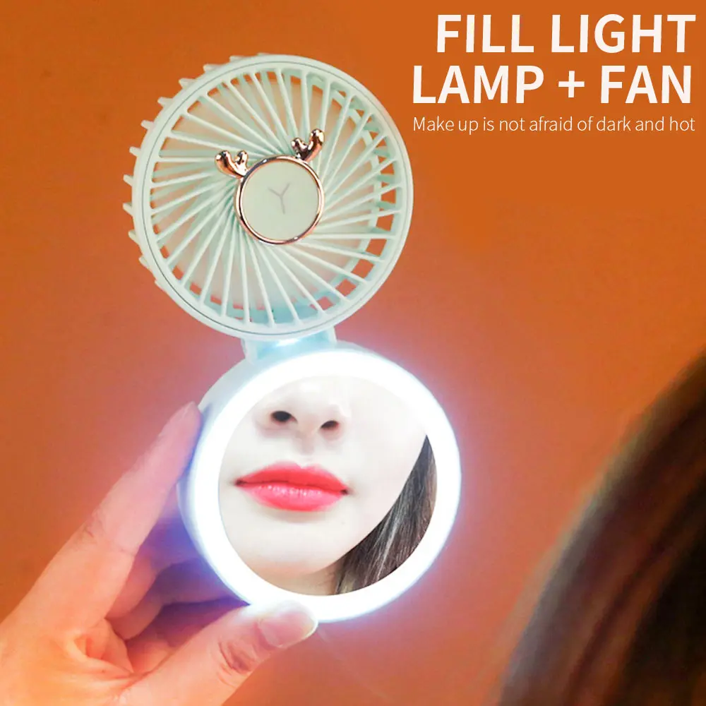 

Мини-вентилятор 2 в 1, 1500 мА · ч, портативный, на шею, со светодиодной подсветильник кой, зеркало для макияжа, зарядка от USB