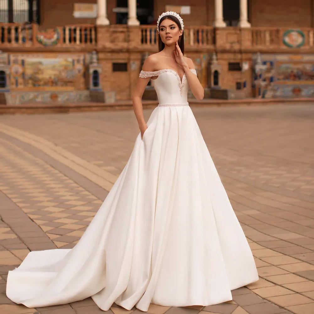 

Sexy Vintage Sweetheart Wedding Dresses Women 2022 Princess Luxury Beaded Pearls Sashes Matte Satin A Line Robe De Mariee Women