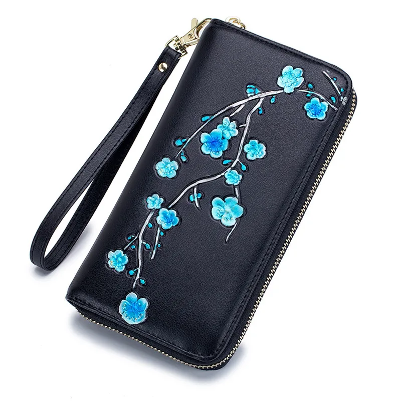blue Fengdong, женские кошельки и кошельки, смарт, Анти rfid, длинный, на запястье, кошелек, кожаный кошелек, для девушек, для телефона, кошелек, винтажный, цветок, держатель для карт - Цвет: blue