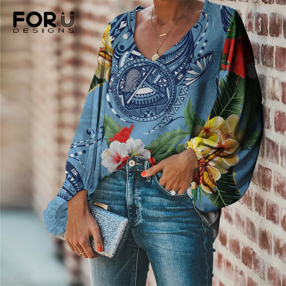 

FORUDESIGNS Polynesian Chiffon Blouses Woman Samoa Tribe Print 2021 Sexy Women V Neck Hibiscus Shirts Casual Long Sleeve Camisas