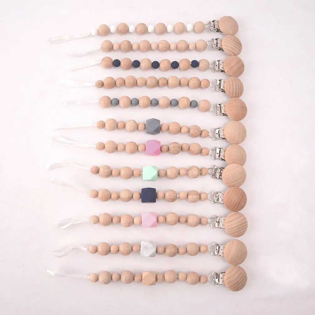 ZG01 Portable Size Baby Kids Wooden Beaded Pacifier Holder Clip Nipple Teether Dummy Strap Chain |