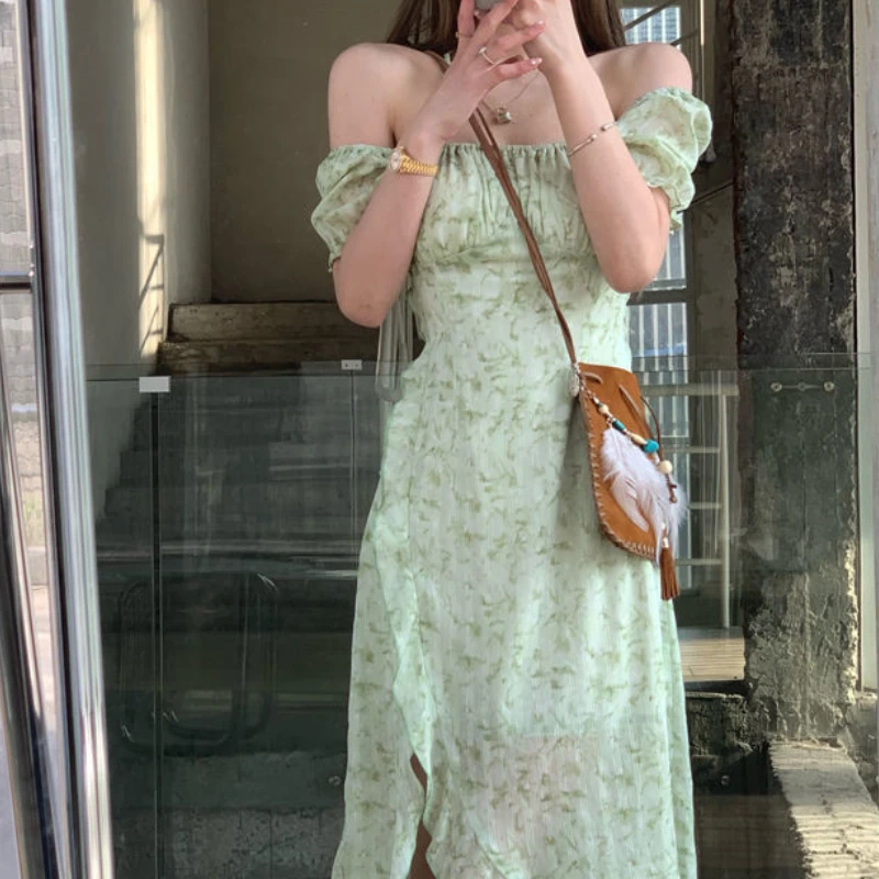 

2021 Bandage Design Elegant Casual Women's Dress with Puffy Sleeves Floral Retro Dress Korean Fashion Bohemian Beach Skirt Women