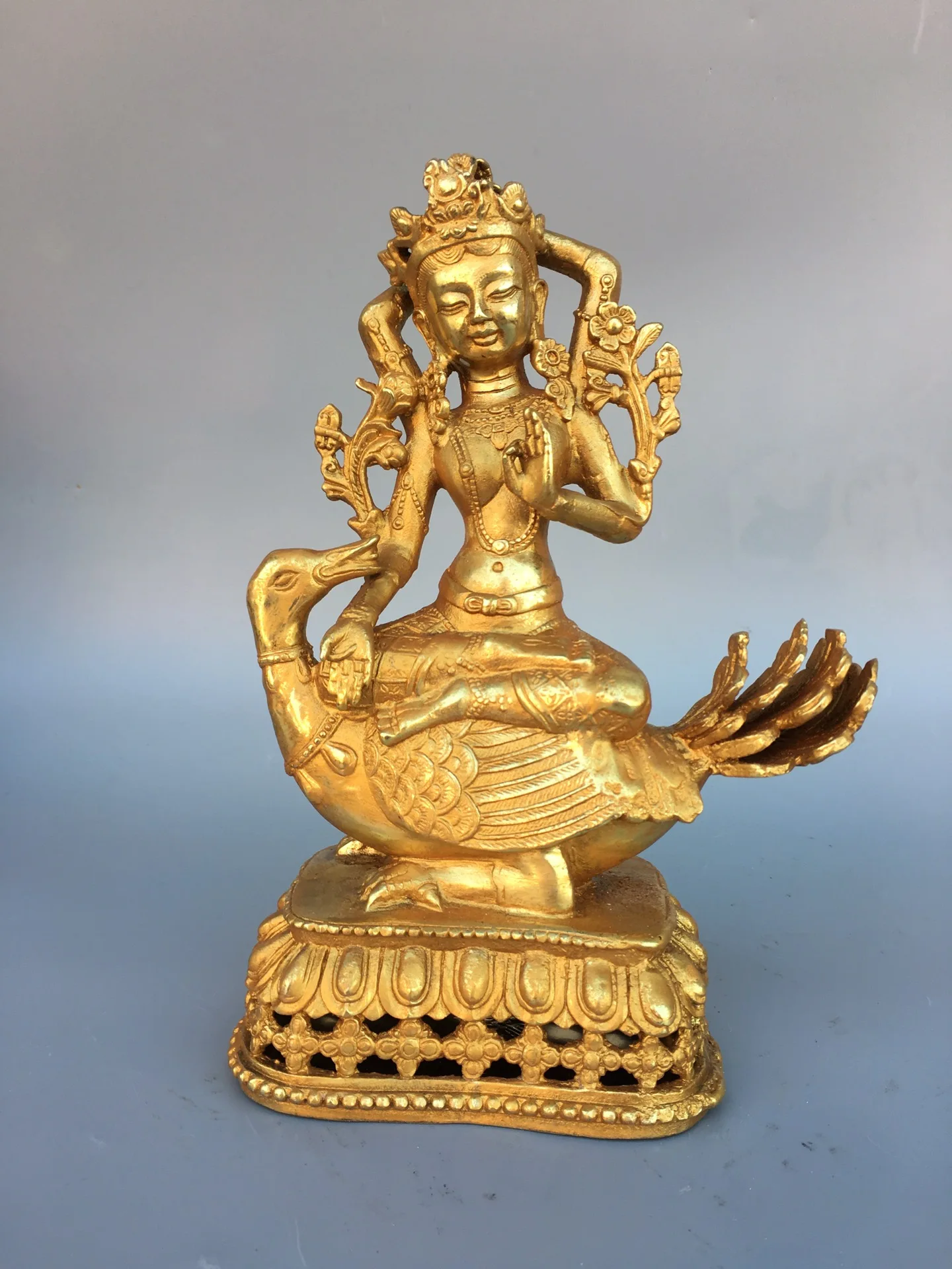 

Home Decor 8" Tibet Buddhism Old Bronze Gilt Tara Riding a crane Sitting Buddha Enshrine the Buddha