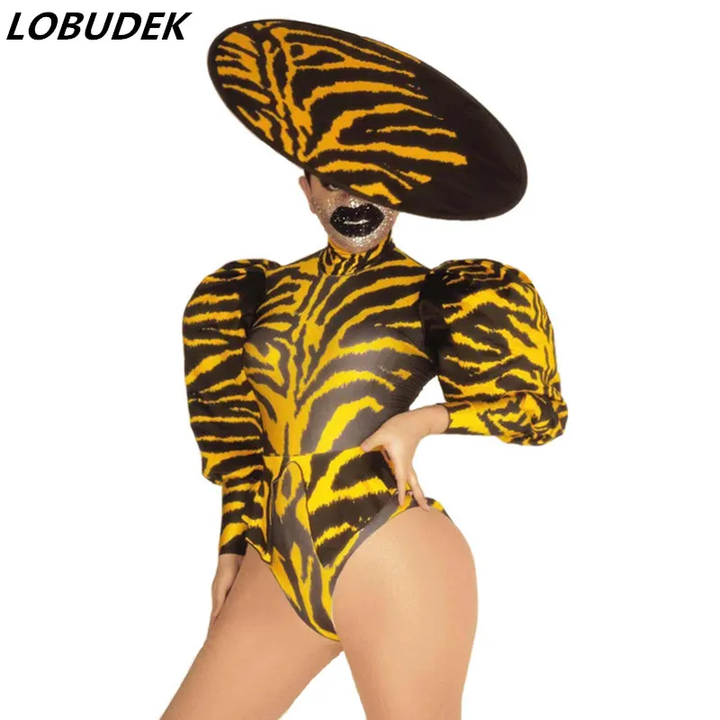 

Women Singer Dancer Sexy Costume Fashion Jazz Modern Dance Performance Clothes Yellow Zebra Stripes Tailcoat Shorts Caps Outfit