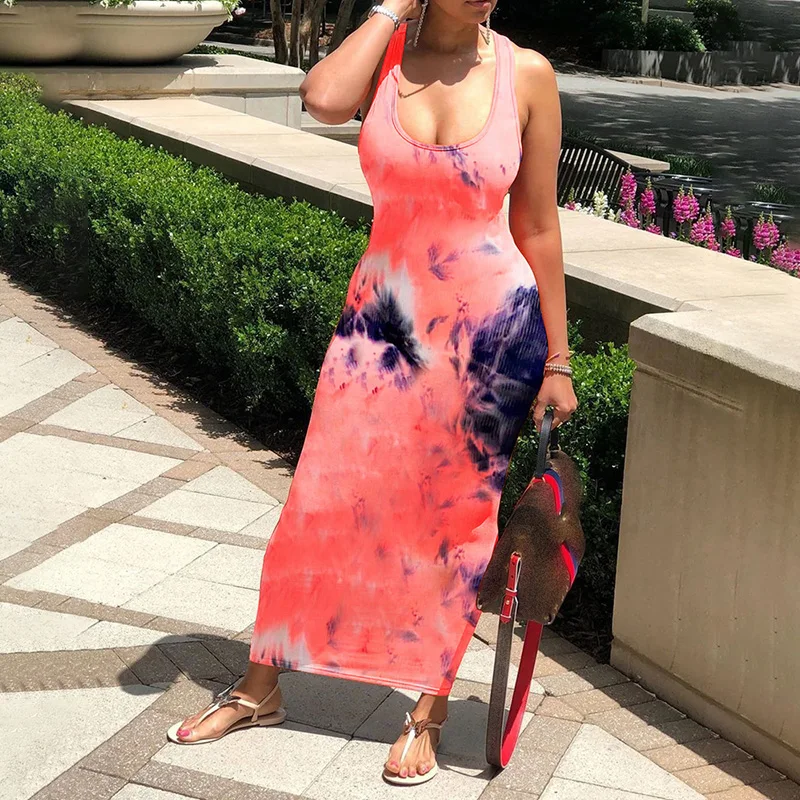 

Women Elegant Sleeveless Long Dress Female Tie Dye Backless Summer Loose Fit Casual Maxi Dress