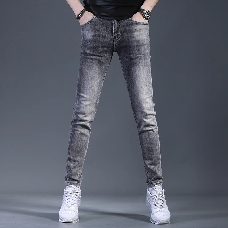 Summer Casual Pure Blue Jeans Men Korean Style Slim Fit Pencil Pants Streetwear Denim Trousers