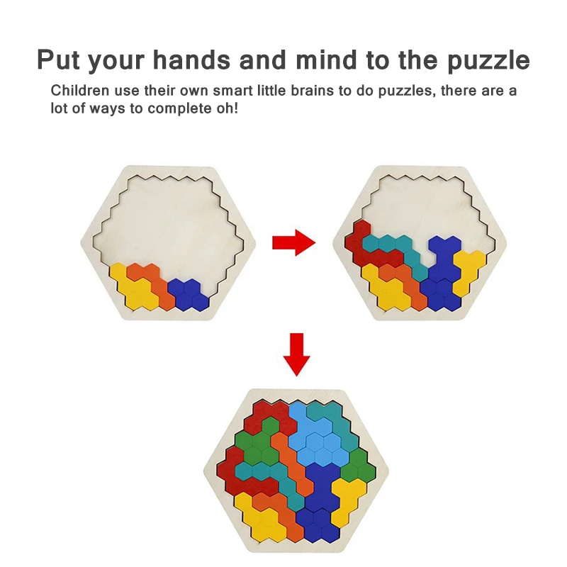 

Wooden Hexagon Puzzles Toy Montessori Honeycomb Shape Tangram Colorful Puzzle Table Game Playset Toddlers Logic IQ Training Toys