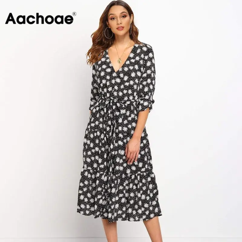 Платье Aachoae женское с цветочным принтом вечерние тажное вечернее V образным