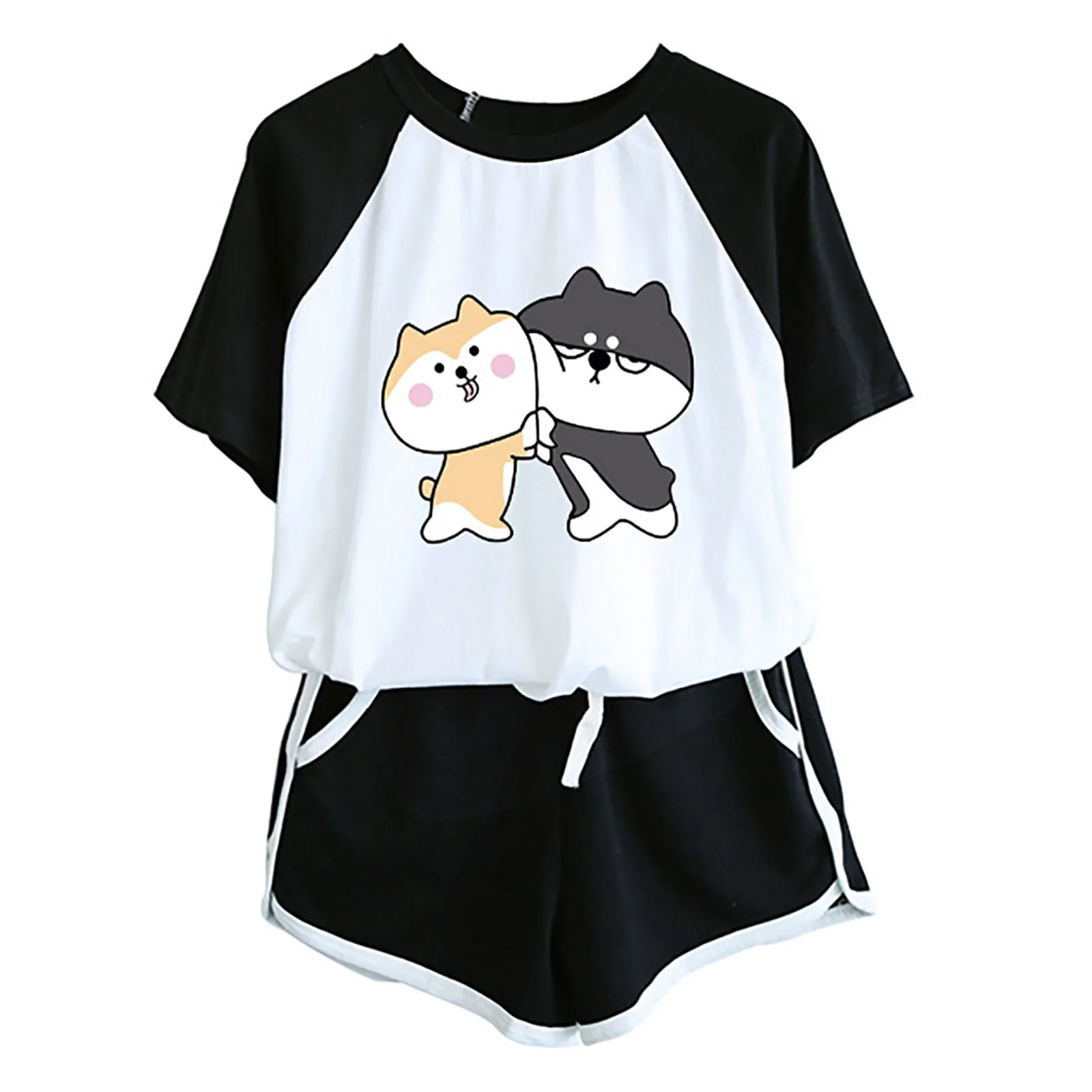 

ISHOWTIENDA Women Two Piece Drop Sleeves Set Short Sleeve O-neck Paneled T Shirt Shorts Women Set