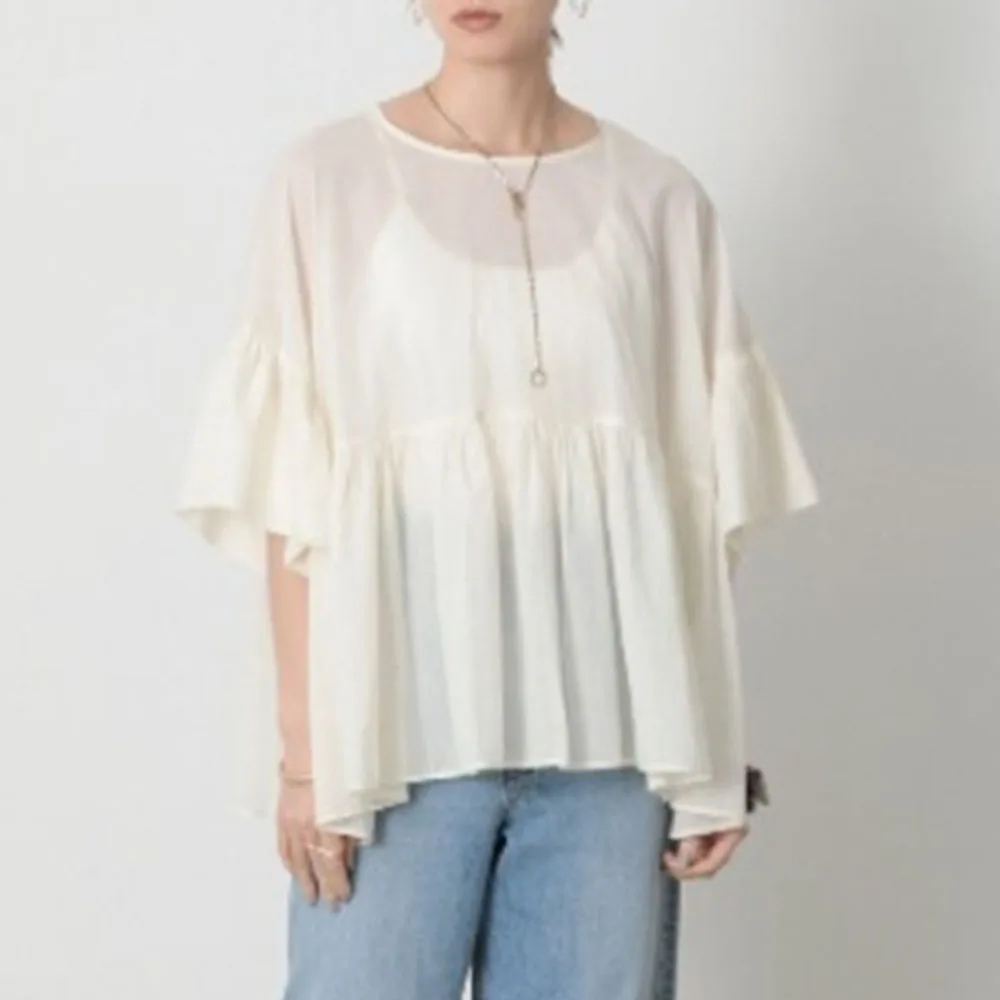 

2021 Summer New Japanese Style Blouse Solid Color Fashion Loose Casual Folds Round Neck Summer Oversize