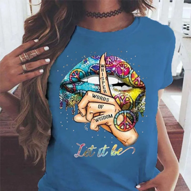 

2021 Summer Hot Sale Shut Up Gesture Lips Print Round Neck Short Sleeve Pullover Loose Women's T-shirt