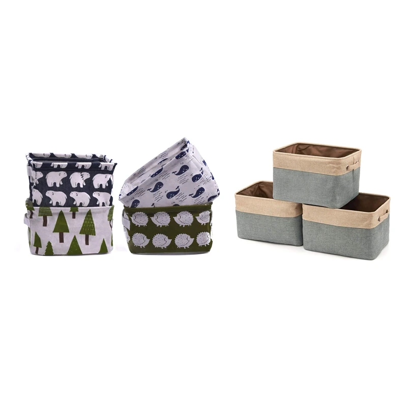 7 Pcs Foldable Square Storage Baskets Canvas Fabric Tweed Bin Basket with Handles for Home Office Shelves and Desk 4 Pc | Дом и сад