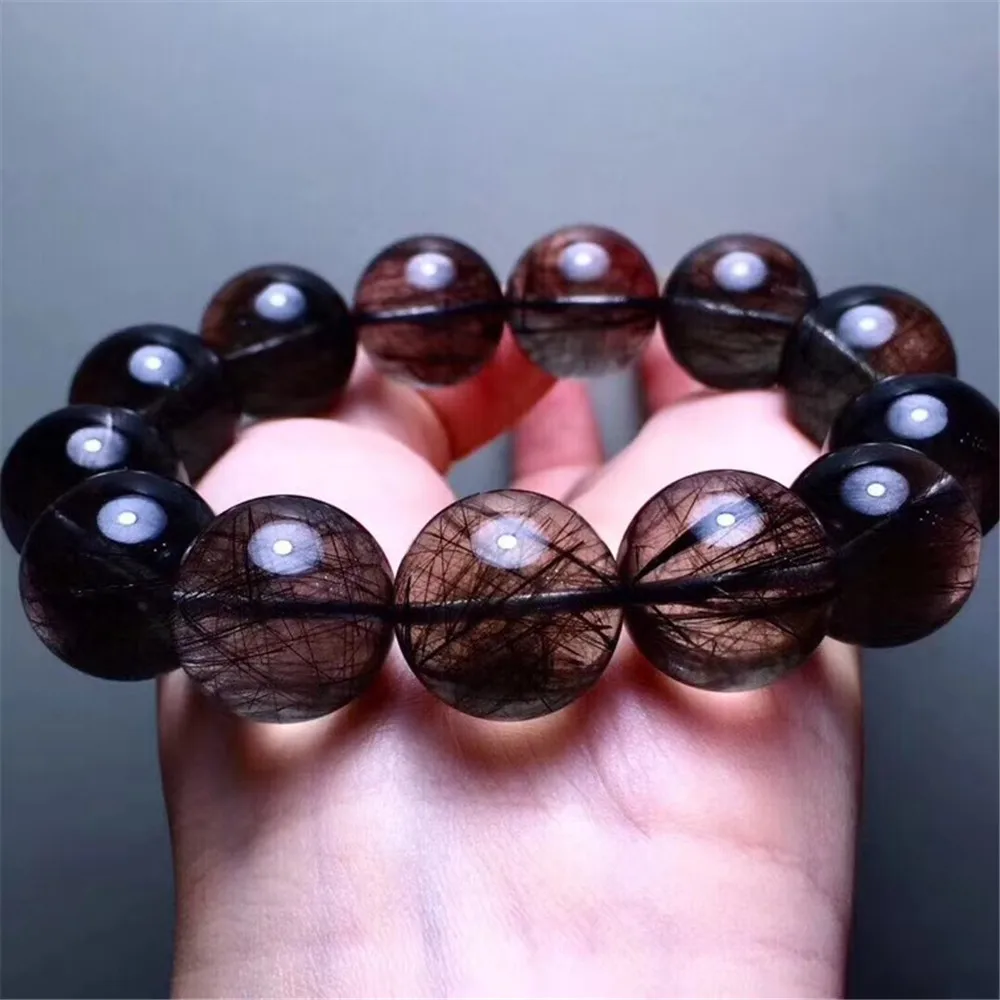 

17mm Top Natural Brazil Black Rutilated Quartz Bracelet For Woman Lady Man Crystal Round Beads Gemstone Strand Stretch AAAAA