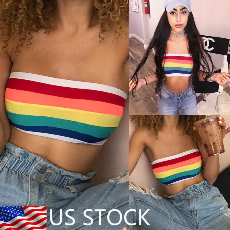 

Hot Summer Women Rainbow Sexy Off-shoulder Tube Crop Tops Strapless Bra Vests Women Casual Tank Tops Vest Sleeveless Crop Tops