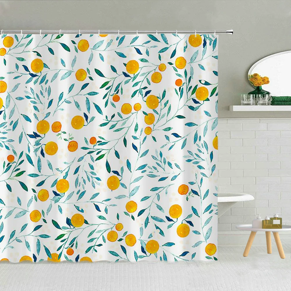 

Занавеска для душа с принтом фруктов и зеленых листьев, водонепроницаемые тканевые декоративные шторы с крючками для ванной комнаты, апель...