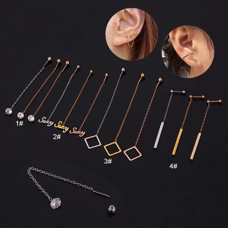 

0.8MM Geometric Shape Ear Cartilage Helix Piercing Jewelry Rook Lobe Stud Chains Earring Stainless Steel Long Earrings