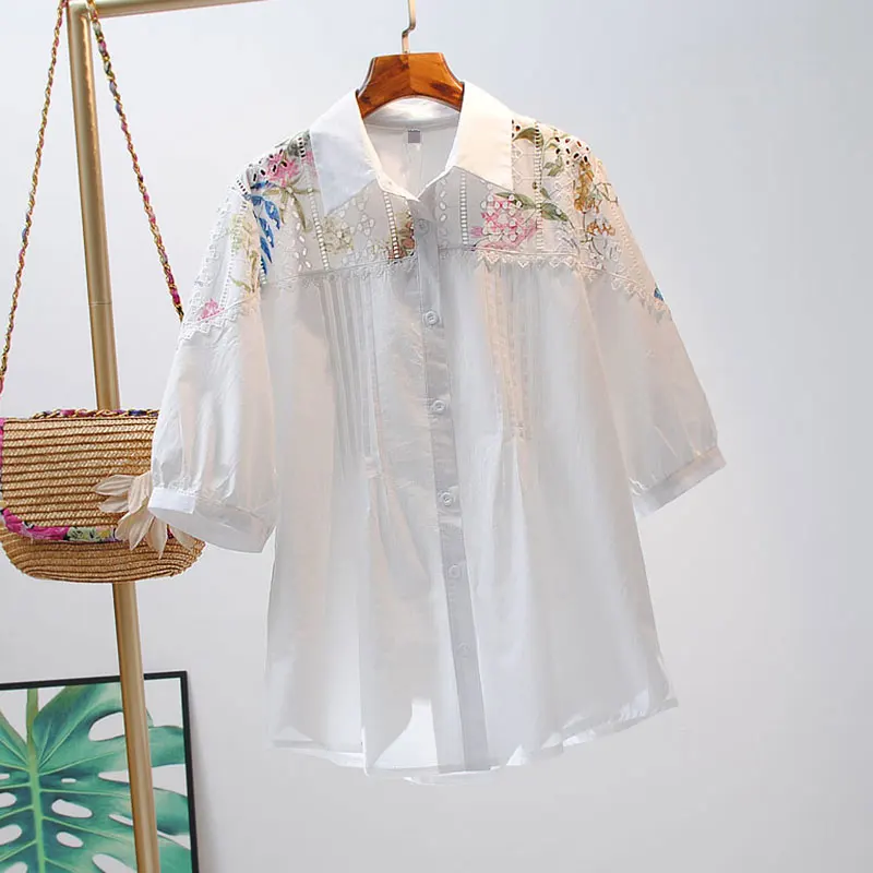 VANOVICH New 2021 Summer Cotton Shirts Women Hollow Wild Casaul Ladies Shirts Pluz Size Half Sleeve Women Clothing
