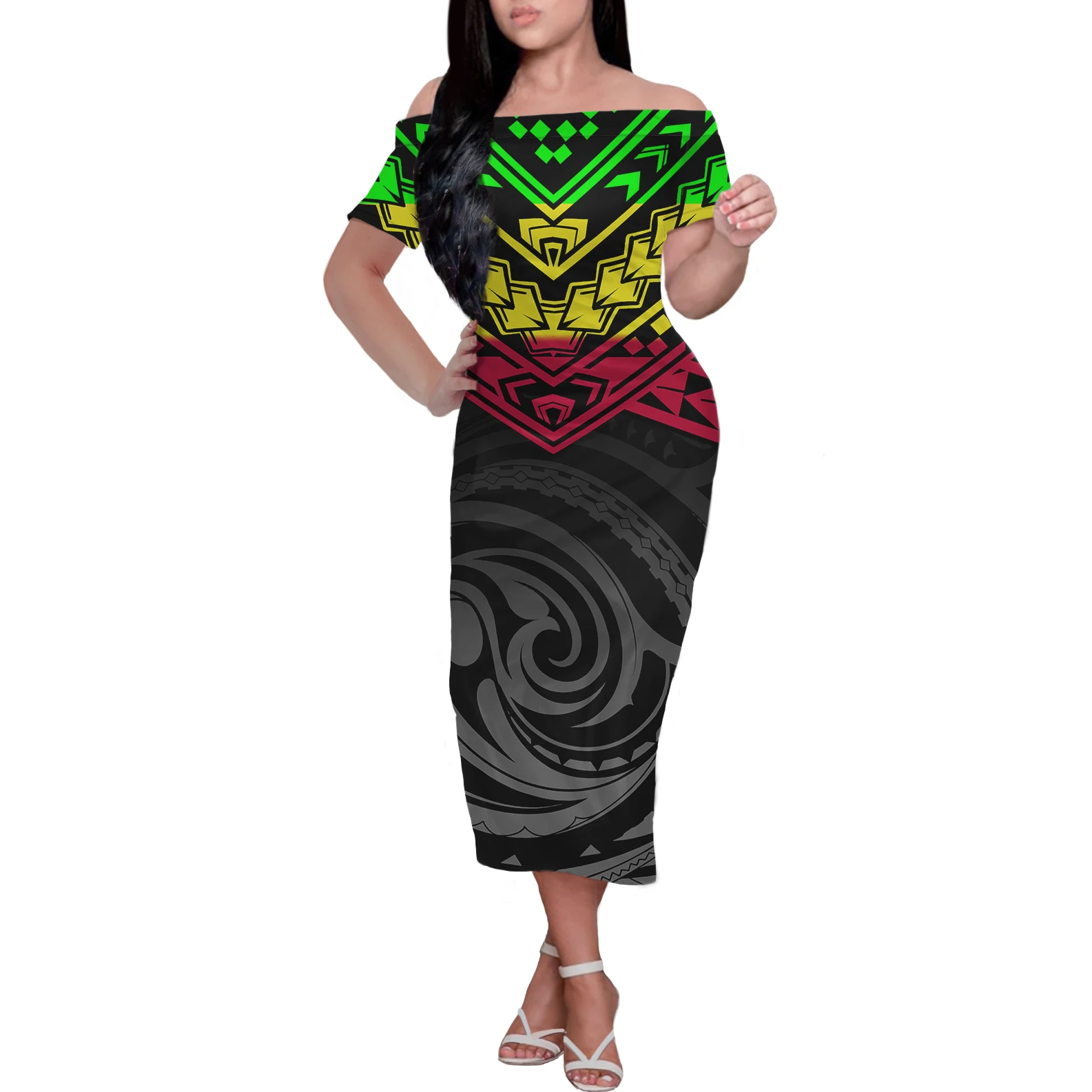 

Fashion Women's Summer Mini Tight Dress Hawaiian Tribal Moire Print Women's Short Sleeve Off-Shoulder Dress