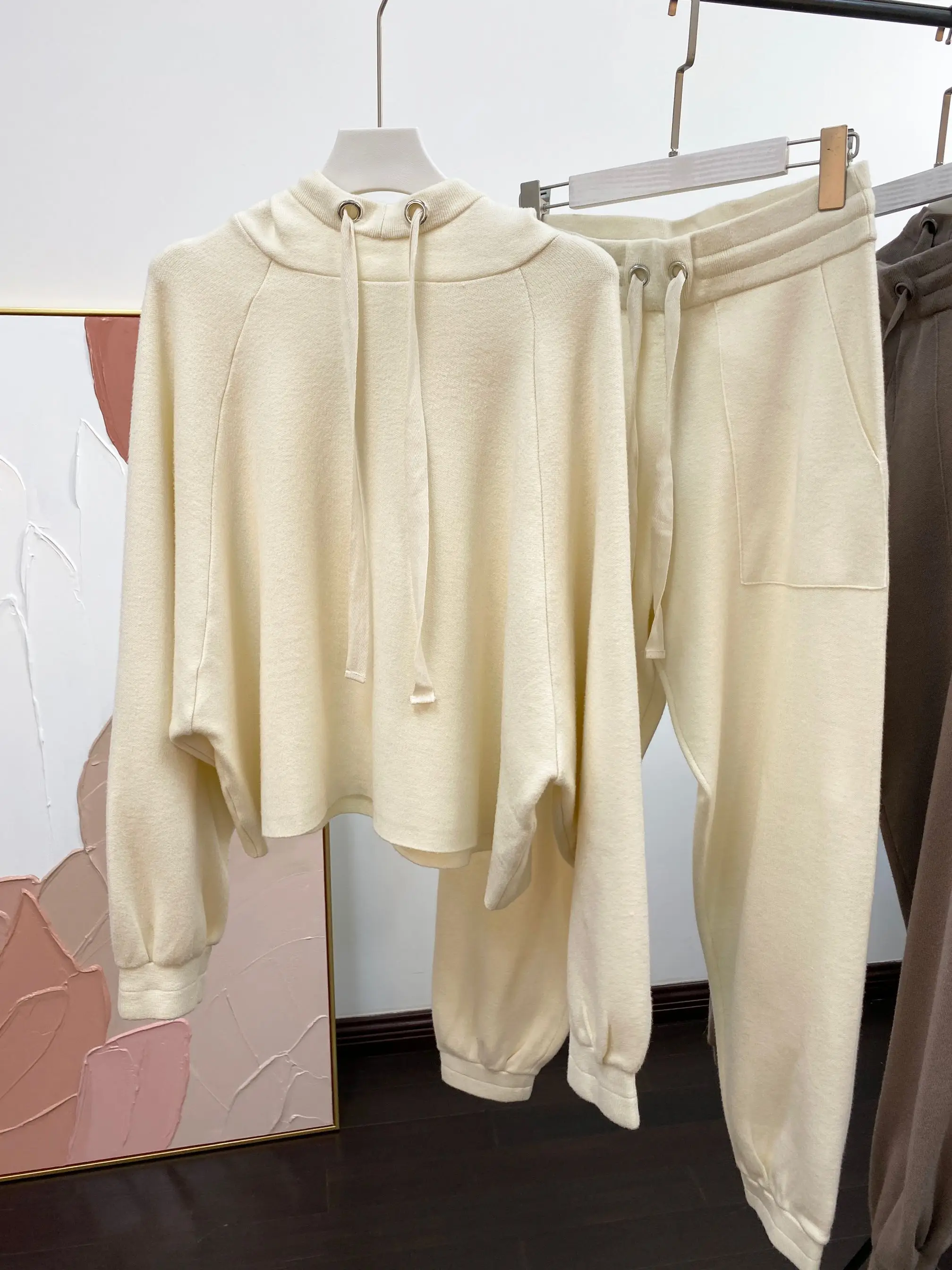 

Hoodie Autumn Winter Thick Knitted Hooded Sweater and Pants Suit Women