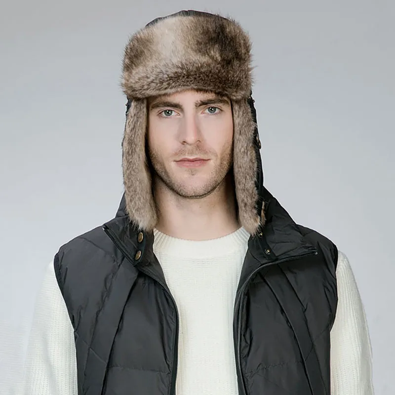4 Colors Faux Fur Bomber Hat Men Thick Warm Snow Hats Russian Ushanka Earflap Cap Windproof Ski Outdoors Aviator Helmet Winter