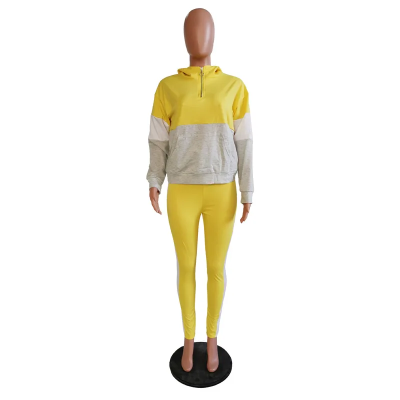 

Causal Panelled 2 Piece Set Women Festival Clothing Hooded Full Sleeve Zipper Front Pockets Sweatshirt + Pencil Pants Winter Set